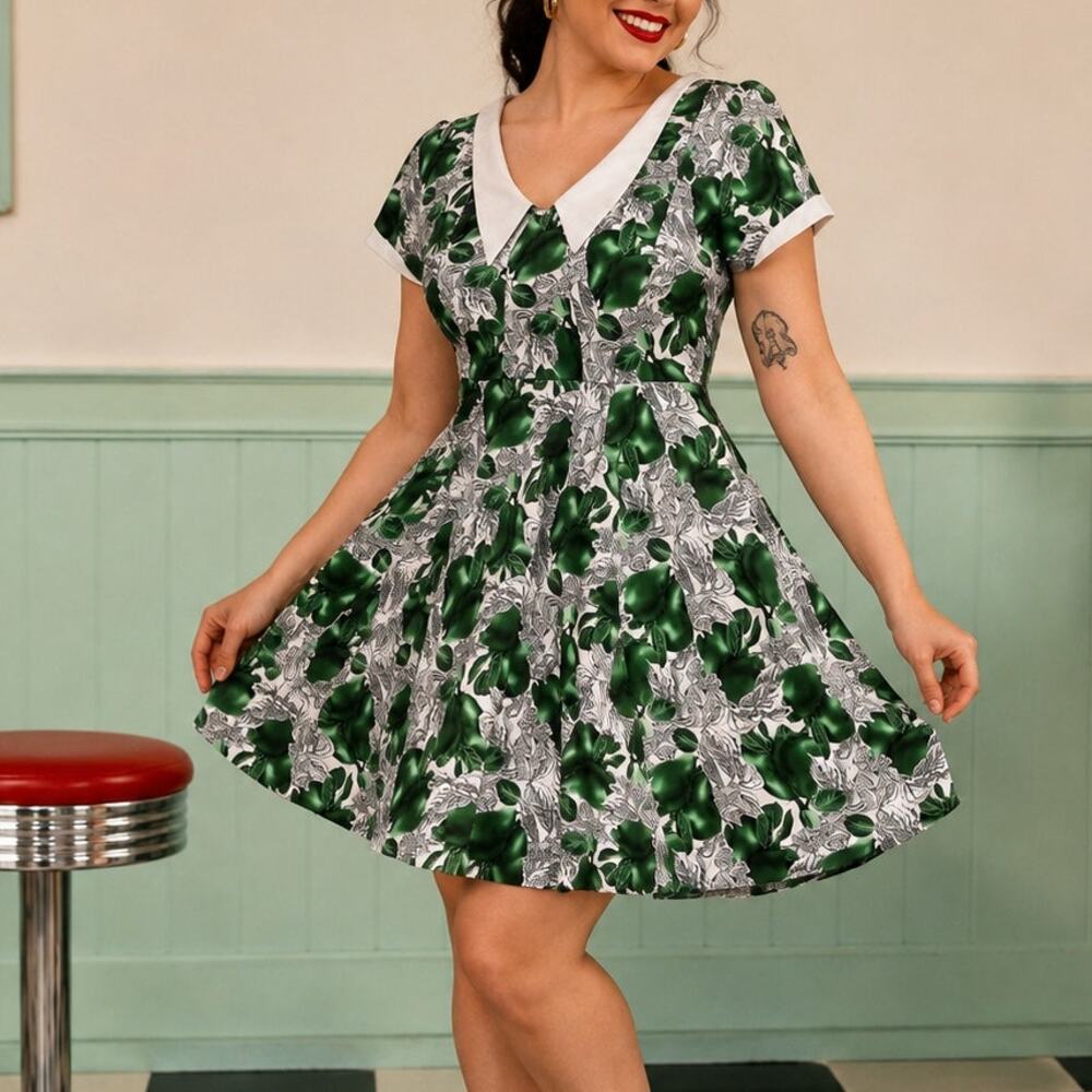 Hearts & Roses Green Floral Swing Dress M 12 White Collar Retro Pinup Rockabilly